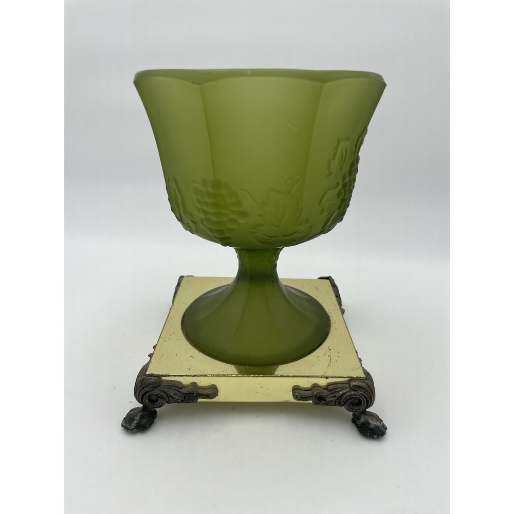 Vtg Granny Core Green Frosted Pedestal Bowl on Brass Claw‎ Foot Base 7.5" Tall - Picture 5 of 8